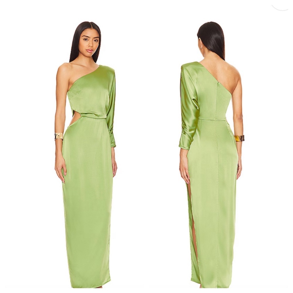 ASTR THE LABEL Amari Women’s M Green Maxi Dress Satin One-Shoulder Cut-Out Satin - Picture 2 of 15